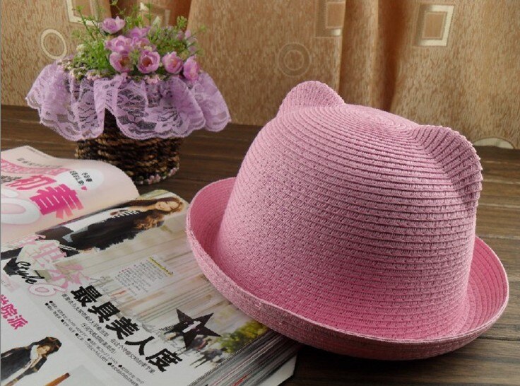 Women Wide Large Brim Floppy bohemia cat ear bunny ear adult Sun Straw Hat Cap: pink