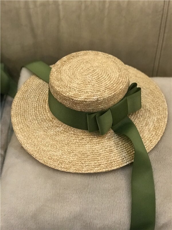 Sombrero de paja con lazo hecho a mano para mujer, gorro largo con lazo para playa, vacaciones, ocio, 01905: green