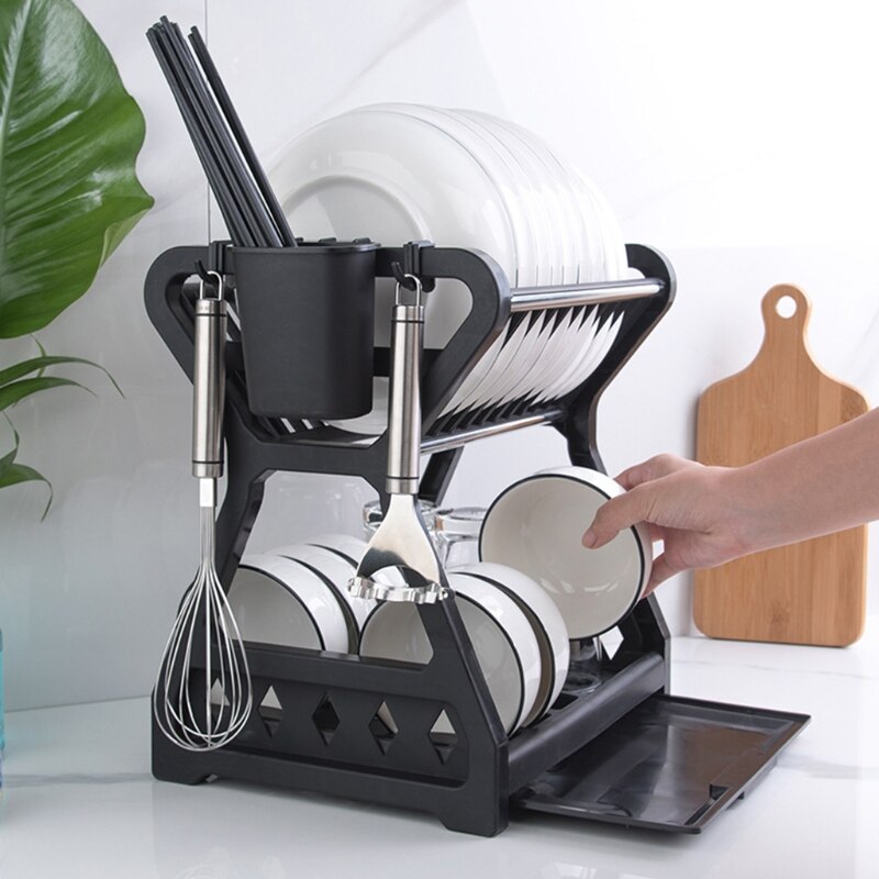 Double-layer Kitchen Dish Bowl Draining Storage Rack Basket with Chopstick Cage 37MF