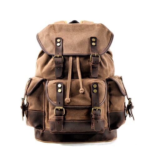 Muchuan Katoen Olie Wax Canvas Rugzak Heren Grote Capaciteit Vintage Waterdichte Rugzak 15 "Laptops Daypacks Klinknagels Boekentas: Khaki