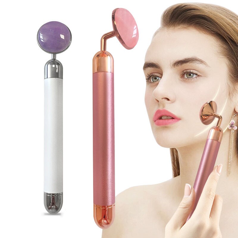 Goud Schoonheid Bar Trillingen Facial Roller Elektrische Stimulator Met Jade Hoofd Anti-Rimpel Huidverstrakking Rose Quartz Gezicht Massage