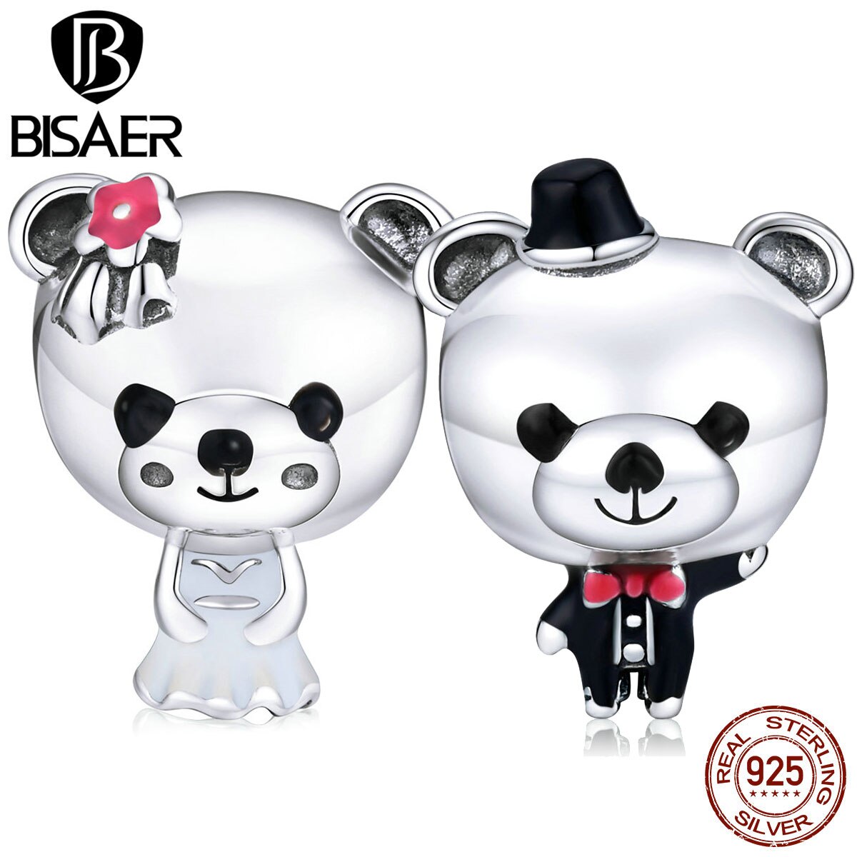 Bear Bride Beads for Jewelry Making BISAER 925 Sterling Silver Couple Wedding Bear Charms Original Silver Jewelry ECC1474