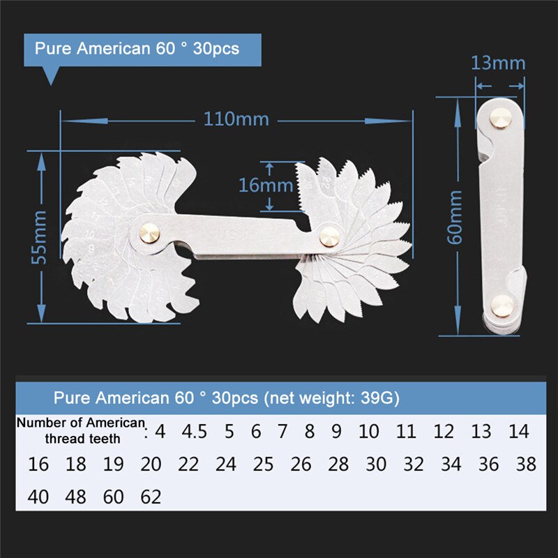Thread Gauge Metric & Imperial & US Screw Gauge Whitworth 55 Degree & Metrisch 60 Degree Folding Thread Pitch for Measurement: 30pcs US