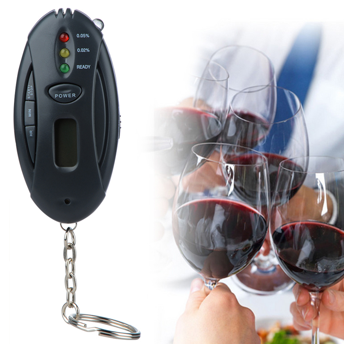 1Pcs Mini Zaklamp Led Sleutelhanger Alcoholimetro Blaastest Parking Gadgets Digitale Alcohol Tester Met Lcd Klok Timer