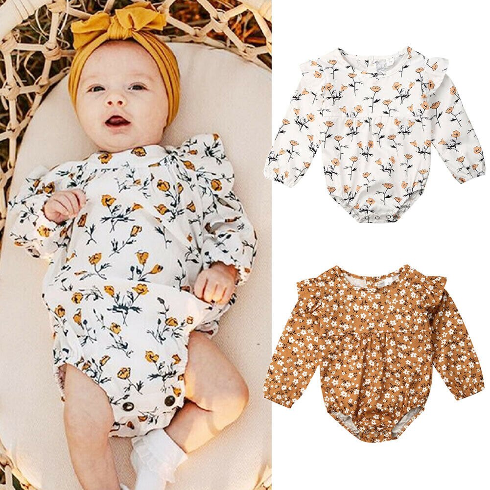 0-24M Newborn Baby Girls Boys Bodysuits Long Sleeve Ruffle Flowers Print Jumpsuit Outfit Autumn Clothes