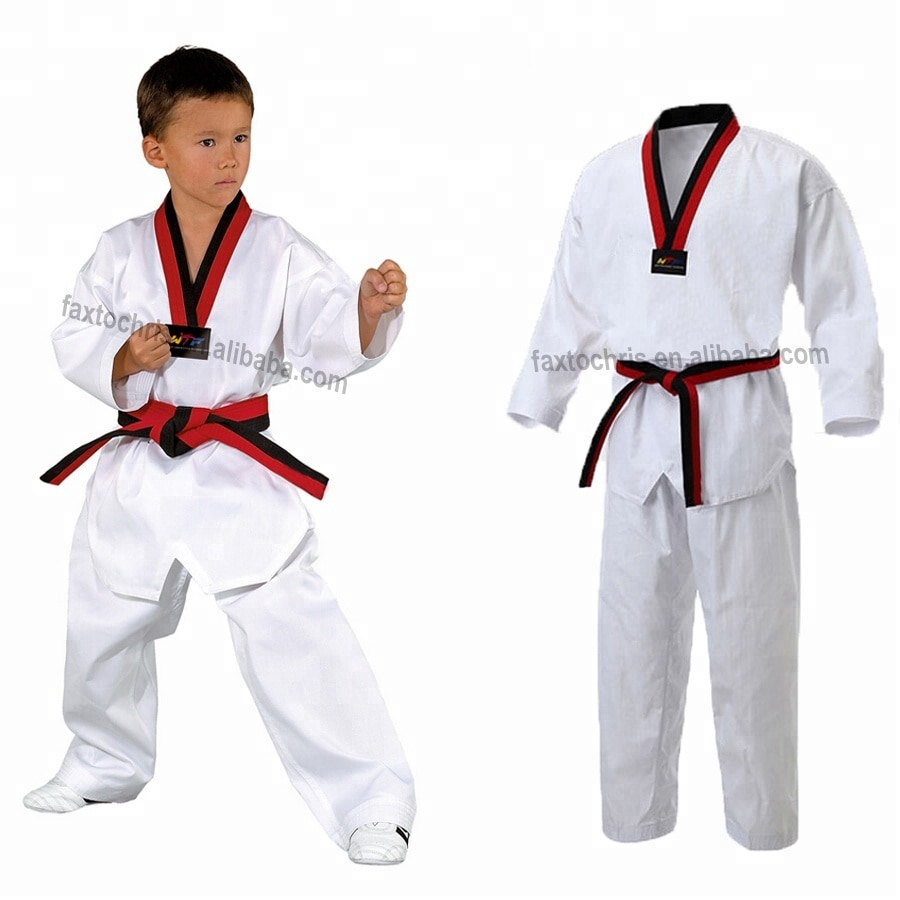 Wtf taekwondo basuniform dobok taekwondokläder barn vuxen träningsuniform röd svart v-ringad uniform