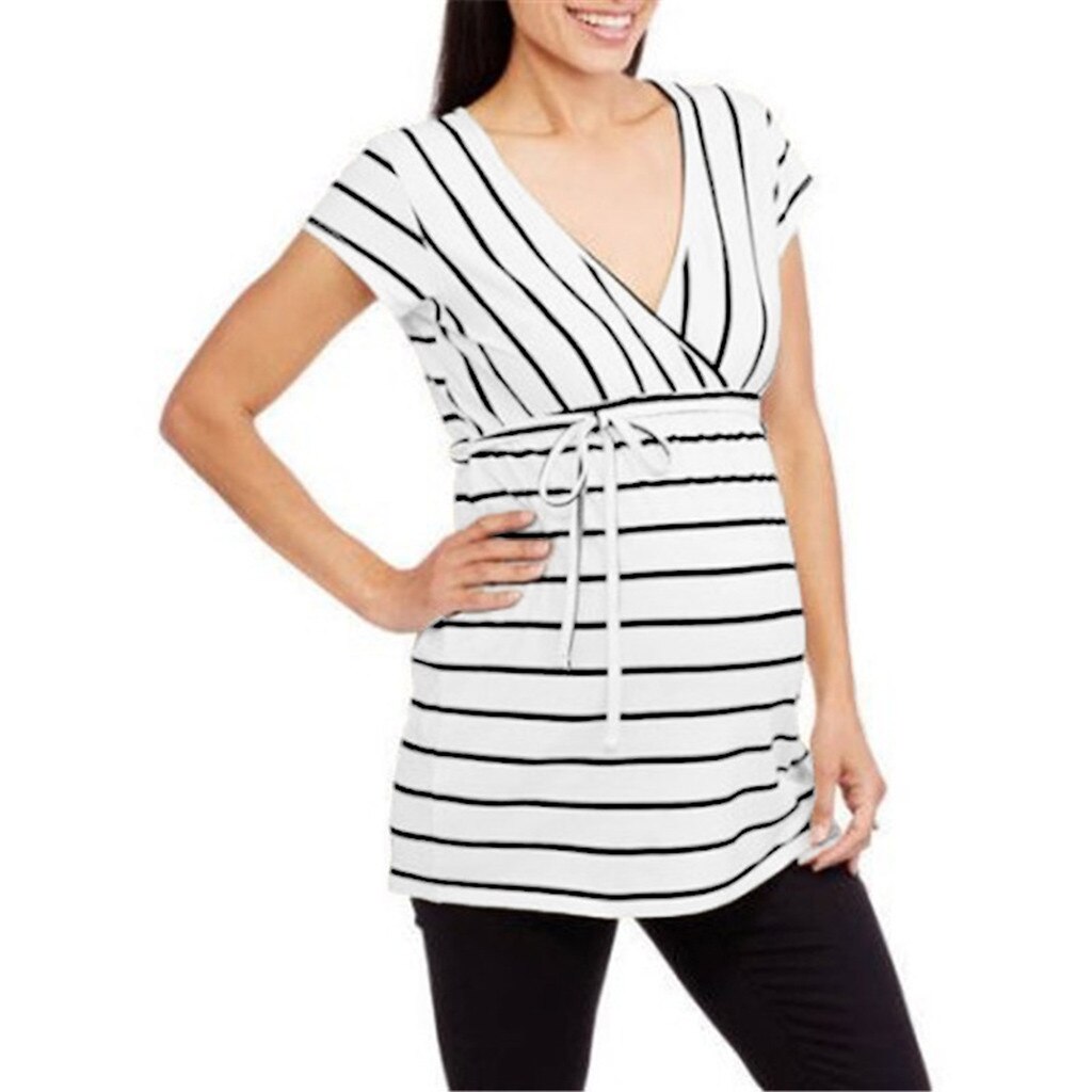Vêtements de maternité pour femmes | Imprimé à rayures, col en V, Top, Tee-Shirt à manches courtes, chemise de grossesse, vêtements hauts, femme enceinte @ 30