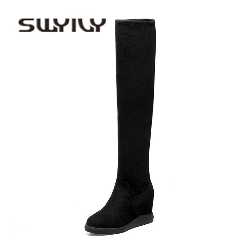 SWONCO chaussures compensées bottes hautes femmes noir Stretch bottes de neige pour les femmes chaussures d'hiver femme décontracté Boot Lady chaussures hautes: black fur / 38