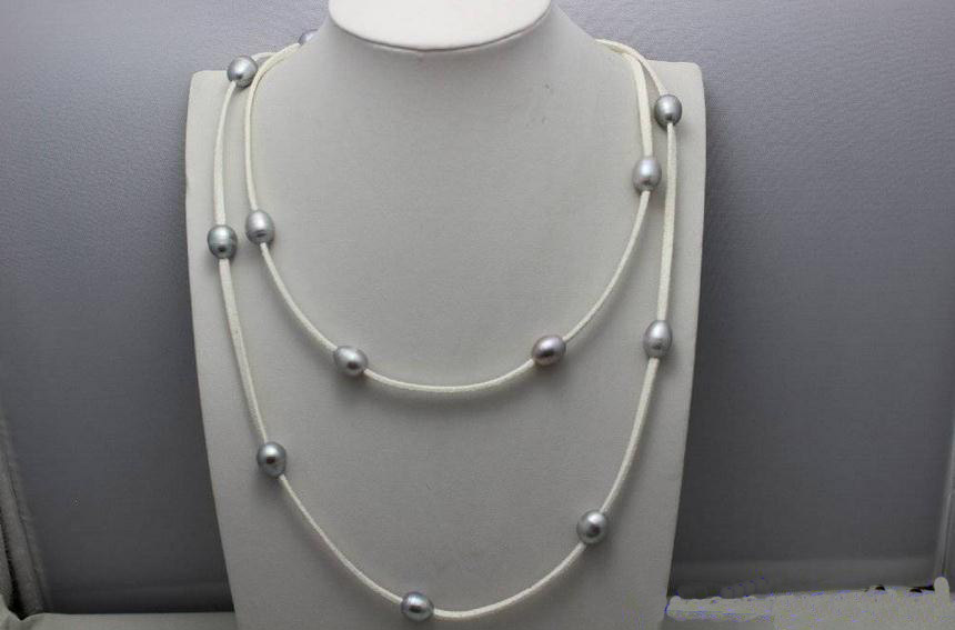 Mode dame Sieraden 19 Kraal Wit Leer Grijs Zoetwaterparels Ketting 48 ''Handgemaakte Ketting Geen Metalen