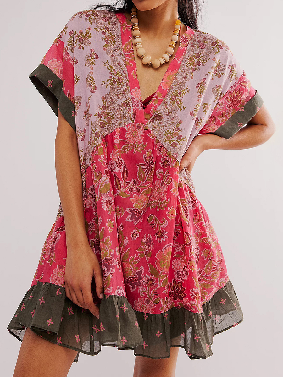 Kvinners sommer babydoll-kjole bohemsk blomstertrykk kortermet v-hals flagrende kjole med lommer fritids-retro
