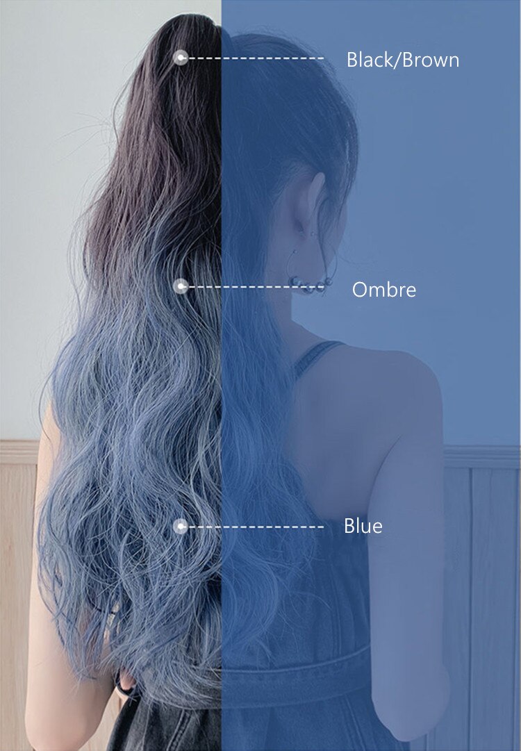 Ponytail Colorful Ombre Synthetic Ribbon Clip in Women Hair Extension Wavy Curly Hairpiece Pony Tail Blue Pink Purple Hairstyle