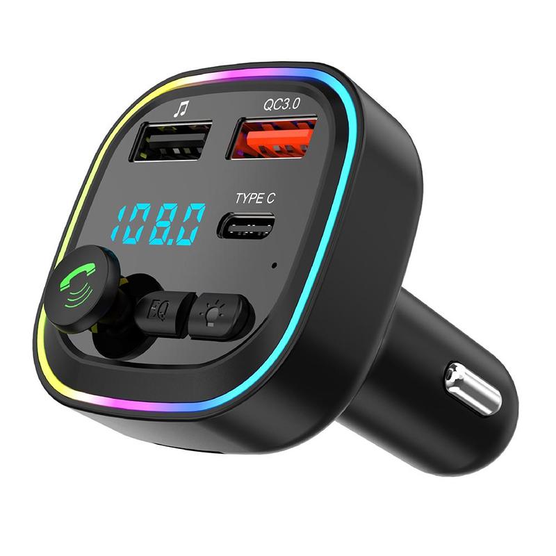 Car Bluetooth 5.0 FM Transmitter 87.5-108 mhz Type-C Dual USB 5V/3.1A Fast Charger LED Backlit Atmosphere Light MP3 Player