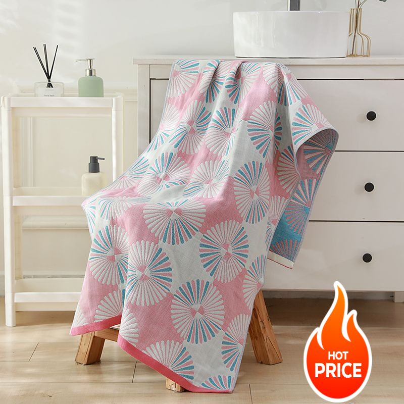 Toalha de banho de gaze de quatro camadas para adultos e crianças, toalha de banho de secagem rápida absorvente ampliada e estendida: Rosa