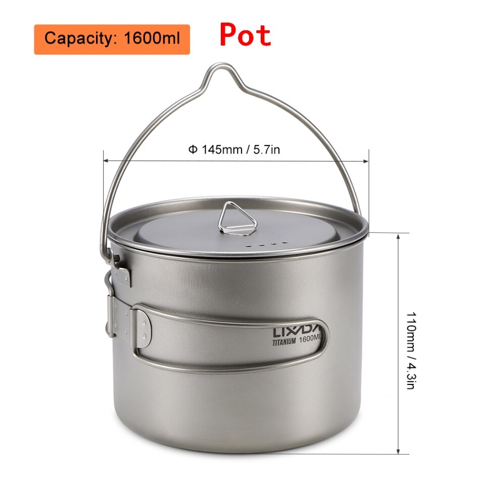 Lixada Vouwen Titanium Pannenset 2.8L Opknoping Pot 1.1L Pan Voor Outdoor Wandelen Picknick Koken Camping Apparatuur Servies: 1.6L Pot