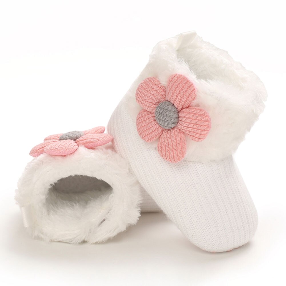 Kleine Baby Snowboots Chic Simple Pluche Bloemen Houden Warme Zachte Faux Fur Knit Bloem Booties Anti-Slip Baby prewalkers: WHITE / 0-6 months