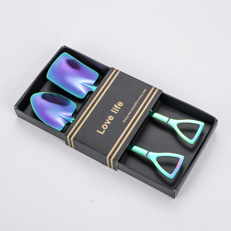 2pcs Coffee Spoon Cutlery Set Stainless Steel Retro Iron Shovel Ice Cream Fruit Spoon Scoop Spoon Tea-spoon Tableware: colourful Black box