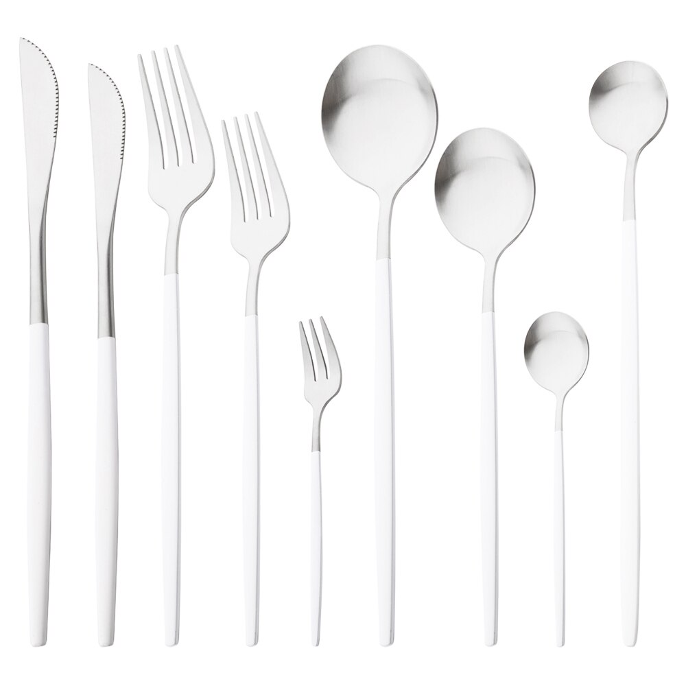 Drmfiy White Silver Dinnerware Set Western Matte Cutlery Stainless Steel Kitchen Tableware Fork Spoons Silverware Flatware Set