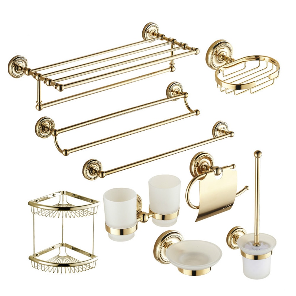Antique Gold Brass Bath Hardware Set Brass Carved Bath Decoration Polished Bathroom Accessories Mounting Bathroom Products