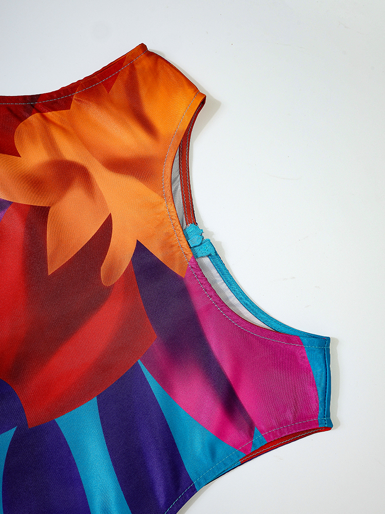 Grote maten damesjurk Mouwloos geplooid A-lijn Feestavond Maxi-jurken Bloemenprint Casual Vintage jurk met ronde hals