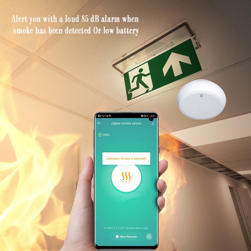 Tuya Smart Zigbee-Sensor Detector de humo, sistema de alarma de seguridad para el hogar, Notificación por aplicación Smart life