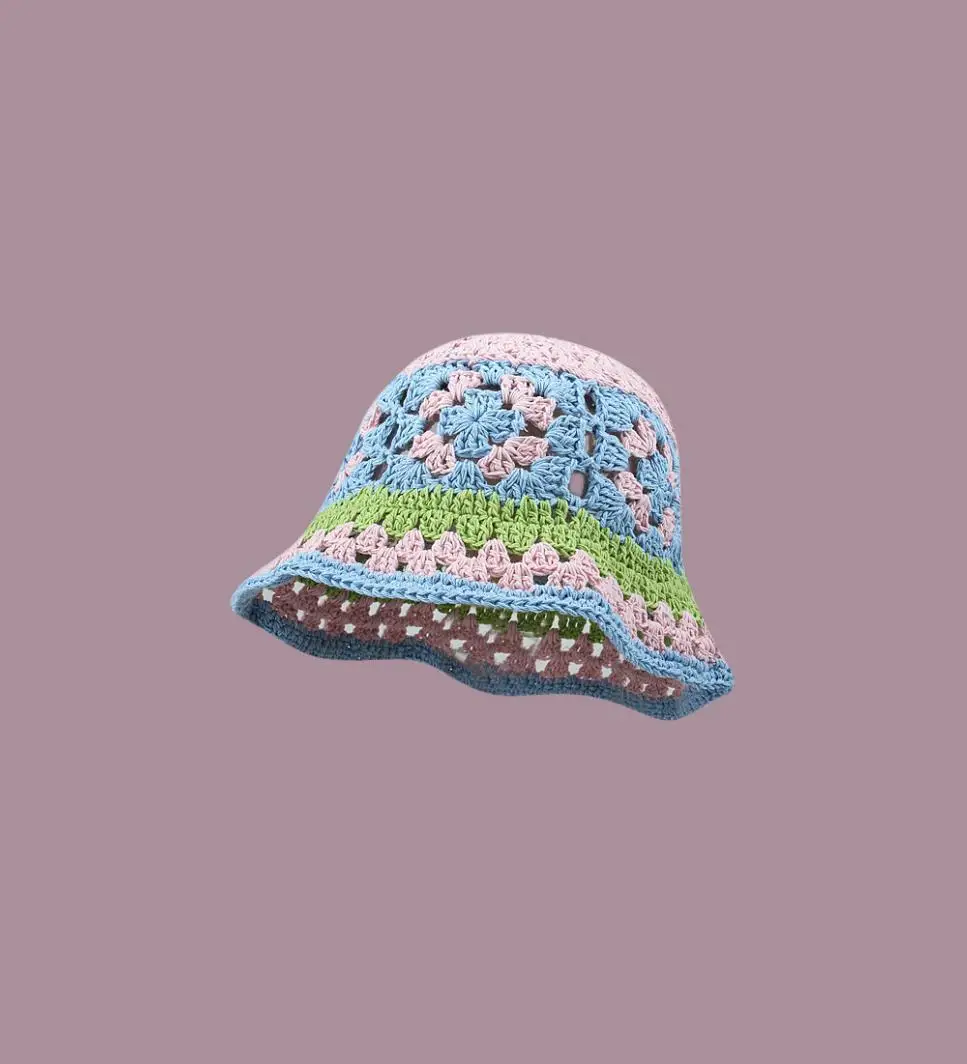INS Korea Handmade Crochet Bucket Hats for Women Y2k Vintage Summer Beach Hat Flower Hollow Knitted Bob Sombreros Bonnet Caps: black