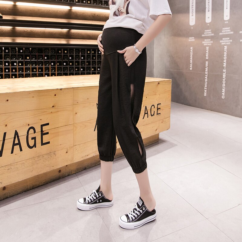 1187# Maternity Pants Summer Adjustable Elastic Waist Belly Support Comfy Pants Maternity Leggings Maternity Trousers: Black / XXL