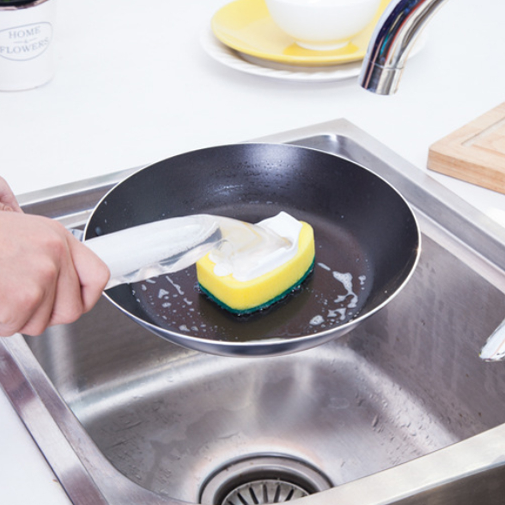 Spazzola per la pulizia del manico lungo del sapone con testina rimovibile Dispenser di sapone in spugna Set di spazzole per il lavaggio dei piatti utensili da cucina