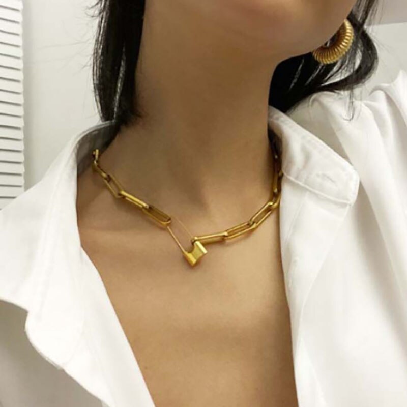 Nl Boho Gothic Trendy Gold Clip Choker Ketting Voor Vrouwen Miami Vierkante Vorm Dikke Kettingen Sieraden