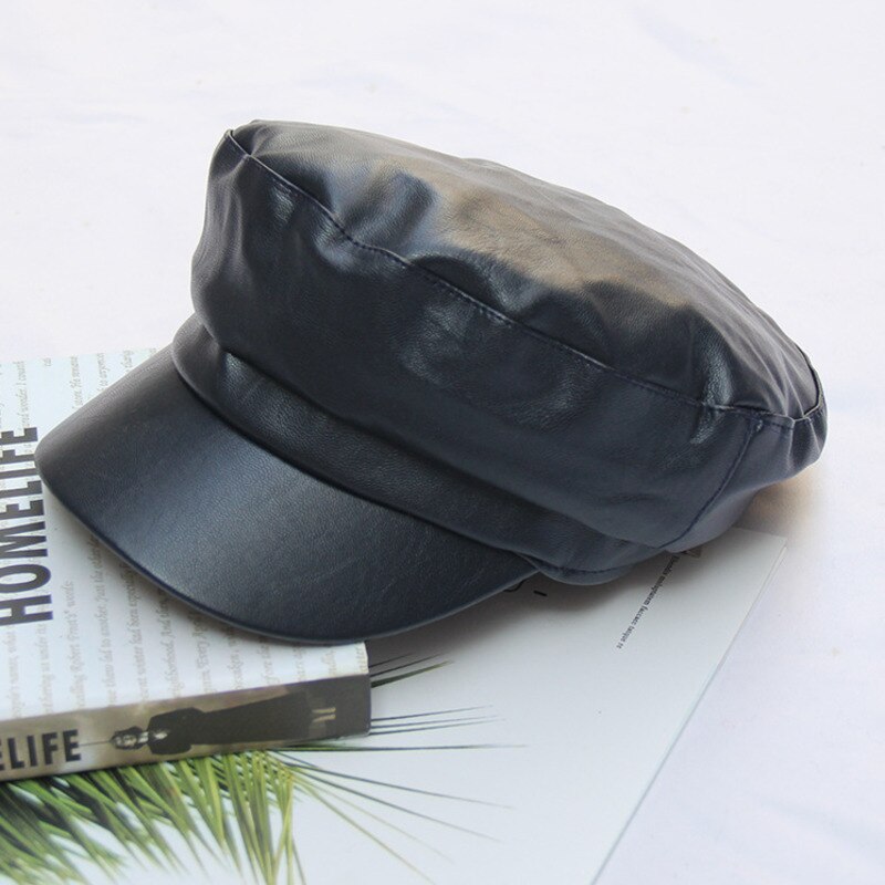Automne et hiver noir angleterre chapeau octogonal Pu Cortex Casquette femme loisirs gavroche béret Casquette