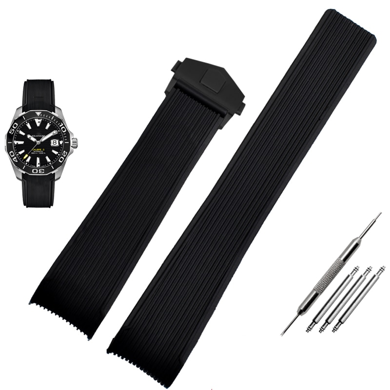 Rubber watchband for TAG WAY201A/WAY211A 300|500 wrist strap 21mm 22mm Arc end black blue Watch Band with folding buckle: black black clasp / 21mm