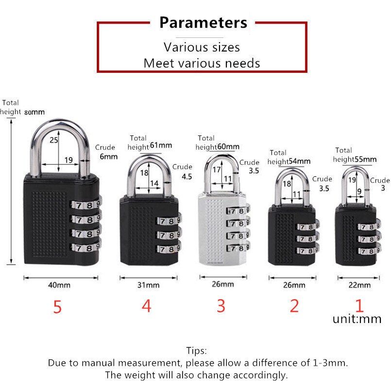 80*40*14mm Heavy Duty 4 Dial Digit Combination Lock Weatherproof Security Padlock Outdoor Gym Safely Code Lock Black Four Models