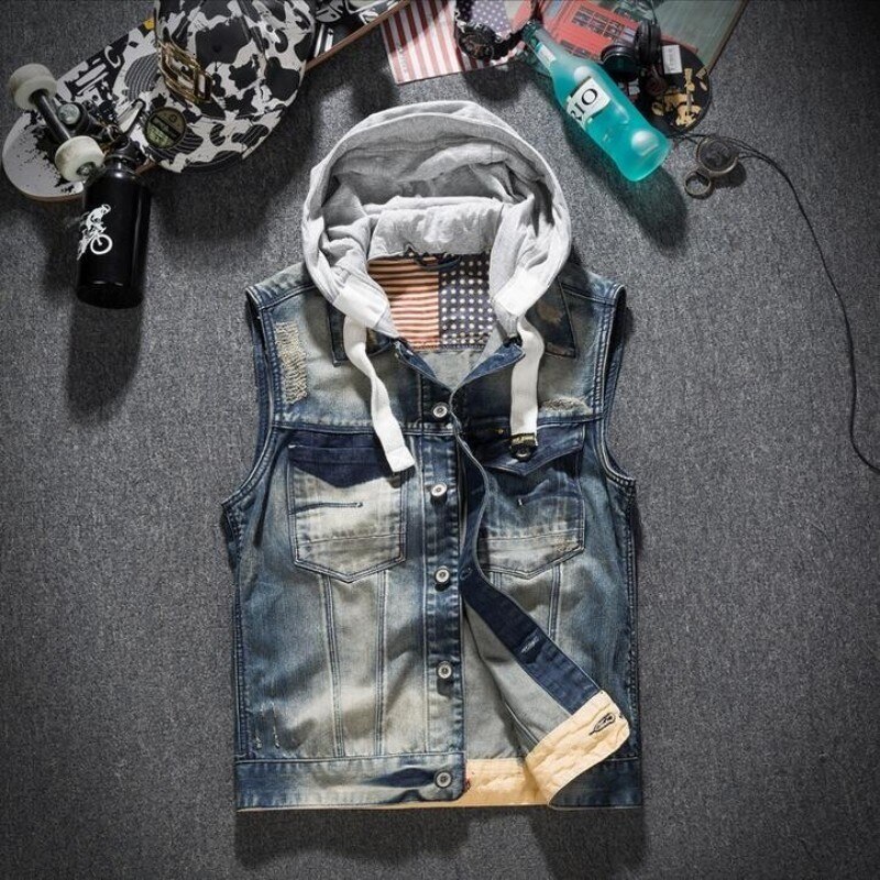 Spring Autumn Mens Hat Detachable Denim Waistcoats Vintage Printed Single Breasted Slim Plus Size Male Sleeveless Vests