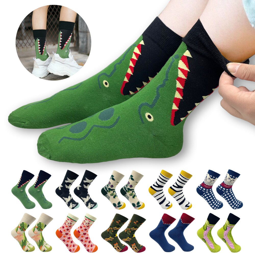 Calcetines largos de algodón con estampado de cocodrilo para hombre y mujer, medias casuales de animales, cebra, rayas, tiburón, 1 par