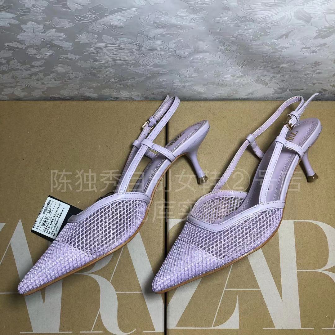 Sandalias de tacón alto de gato para mujer, zapatillas con puntera en la espalda y tacón fino con correa, color morado