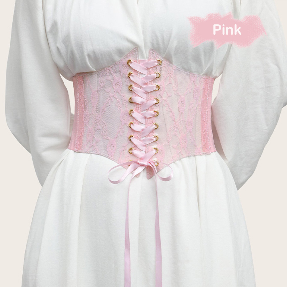 Corsé de cintura a la para mujer, cinturón transparente de encaje ancho femenino con lazo tejido, adelgazante banda Retro, cinturones para el cuerpo, faja para vestido: Pink