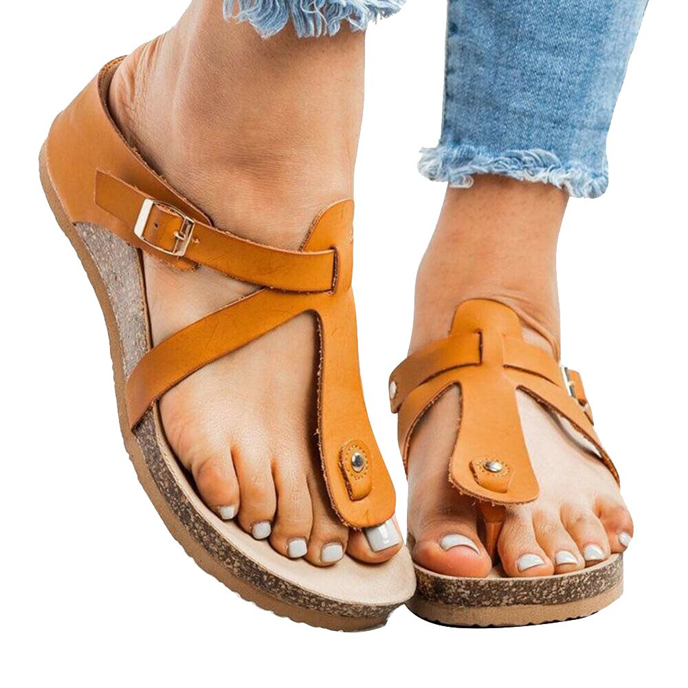 Women Summer T-Strap Cork Sandals Soft Footbed Sandals Shoes Women Slippers Flat Sole Casual Soft Big Toe Foot Sandal: Brown / 36