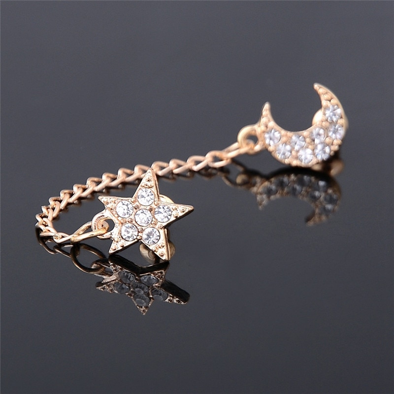 Vintage dos Piercing un lado cadena dorada cristal Diamante de imitación Luna estrella oreja brazalete para doble pendiente con orificio joyería