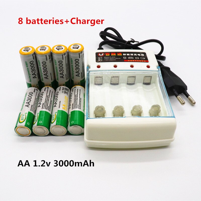 Daweikala AA Batterij 3000 1.2 V Quanlity Oplaadbare Batterij AA 3000 mAh BTY NI-MH 1.2 V Oplaadbare 2A Batterij 3000 mAh + Lader: 8pcs