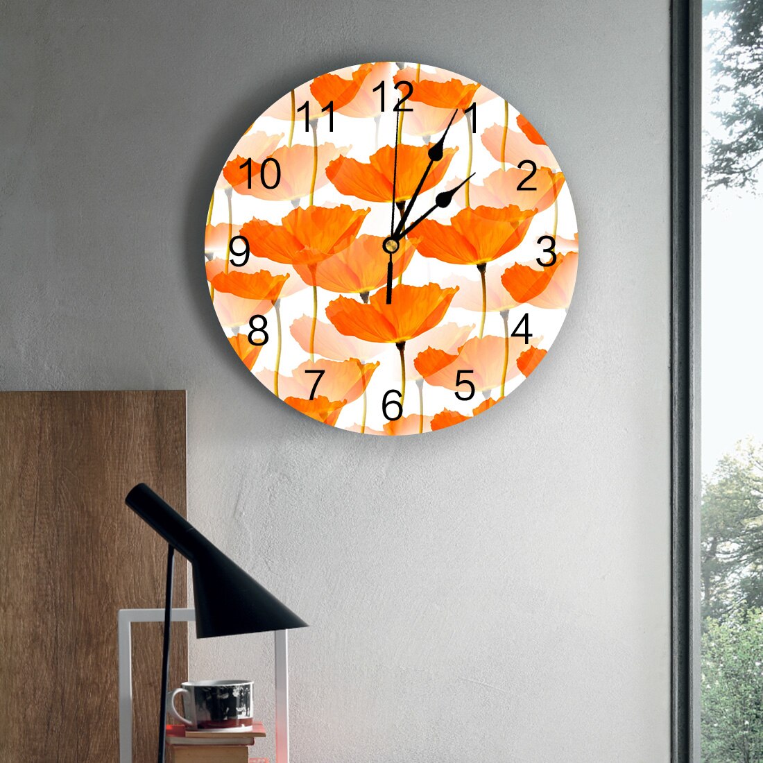 Horloge murale numérique avec coquelicots orange sur fond blanc, décoration d'intérieur, chambre à coucher, silencieuse