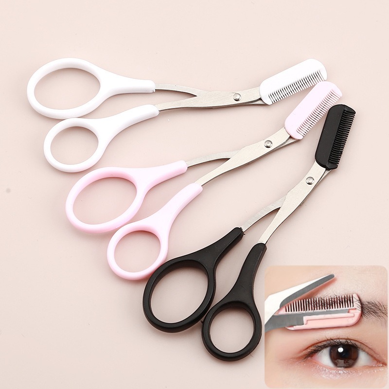 Pink eyebrow trimming scissors with built-in comb - stainless steel, precise grooming tool, creating perfect eyebrows