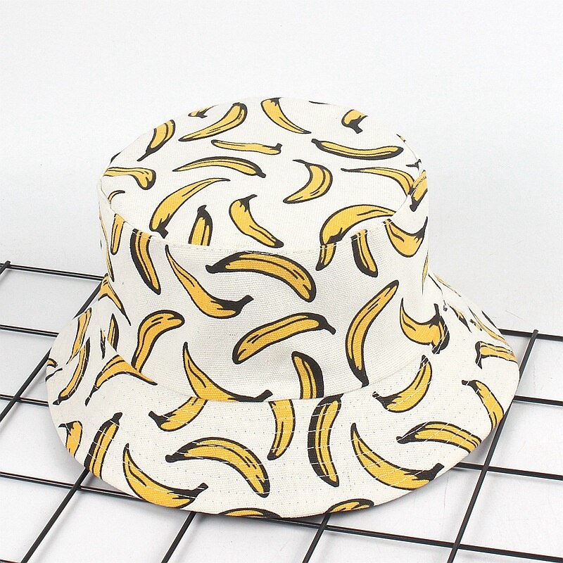 -Verano sombrero cubo para el aire libre Unisex verano cubo gorra dibujo de plátano pescador pescando sombrero Casual sombreros planos blanco