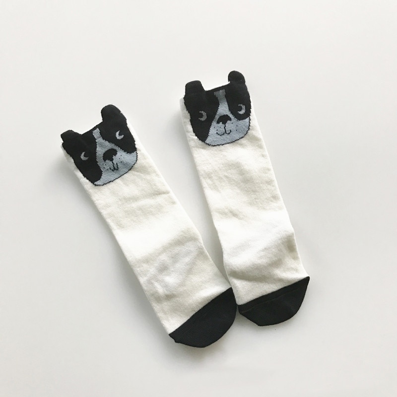 Chaussettes montantes en coton pour enfants, petits chaussons longs, chaussettes 3D animaux, chaussures pour -né, motif chien blanc