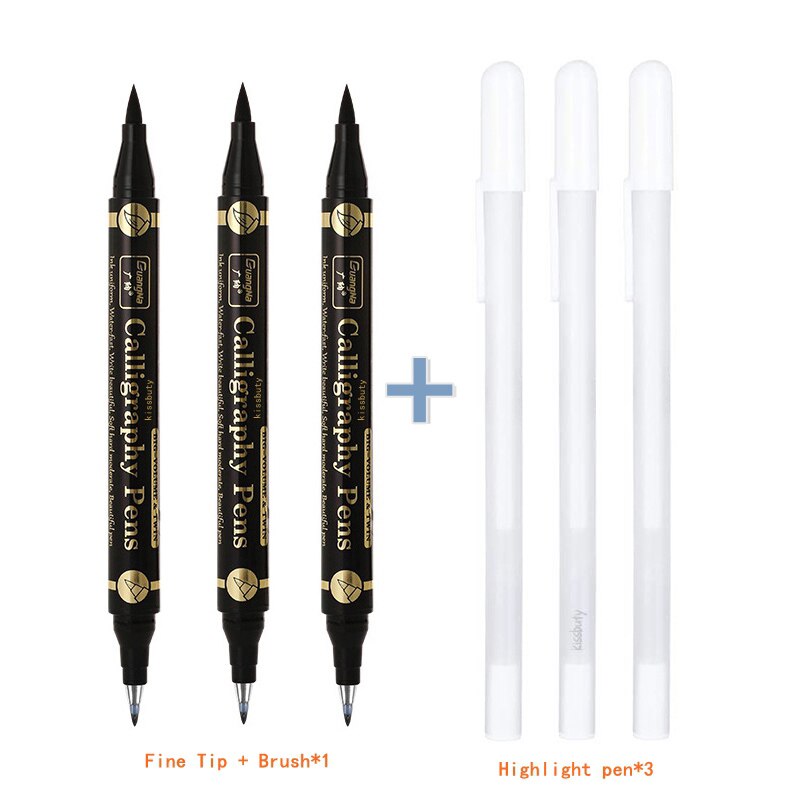 3/6PCS Dual Tip Pen Black Calligraphy Brush Pen Lettering Pens Art Marker White Pen for Beginners Writing Sketches Art Drawings: Fine Tip-6Pcs set