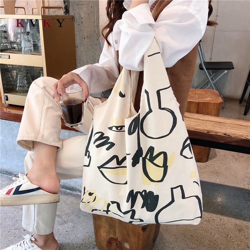 Women Shopping Bag Grocery Simple Print Letter Large Capacity Casual Canvas Wild Canvas Cotton Ecobag Totes Sac