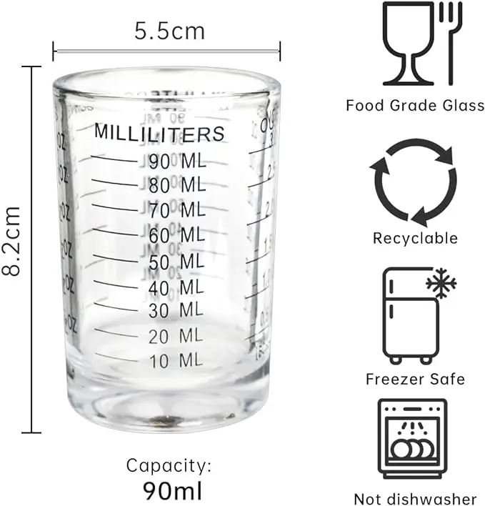 Taza medidora de vidrio resistente al calor, Jigger Vaso de Leche, vaso de onza de vidrio con escala para café expreso, 90/120ml