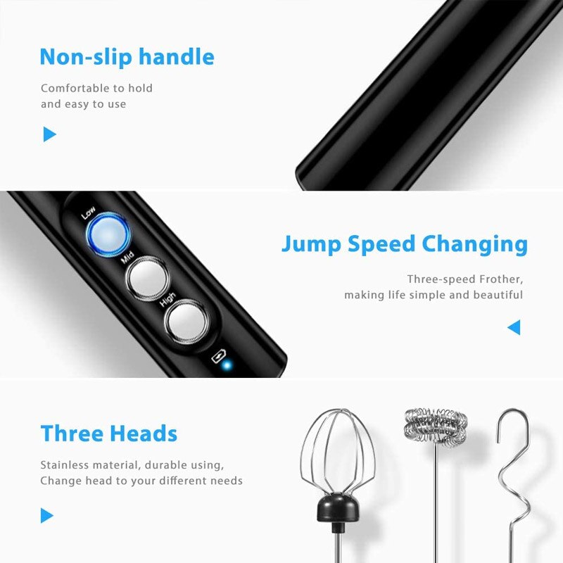 Elektrisk mælkepisker usb genopladelig 3 hastigheder mini håndholdt elektrisk mælkeskummaskine med 3 piskere drikkemixer til æggepisker