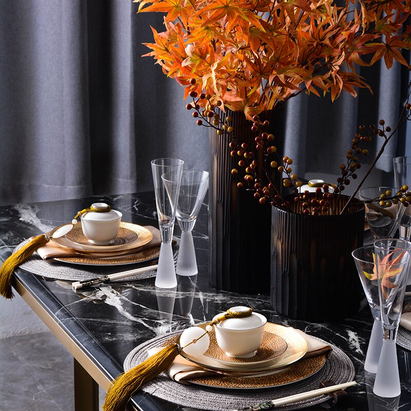 Luxury Tableware Hotel Dining Table Gold Chinese Decor Villa Western Dinner Plate Set Model Room Salad Snack Cake Plates