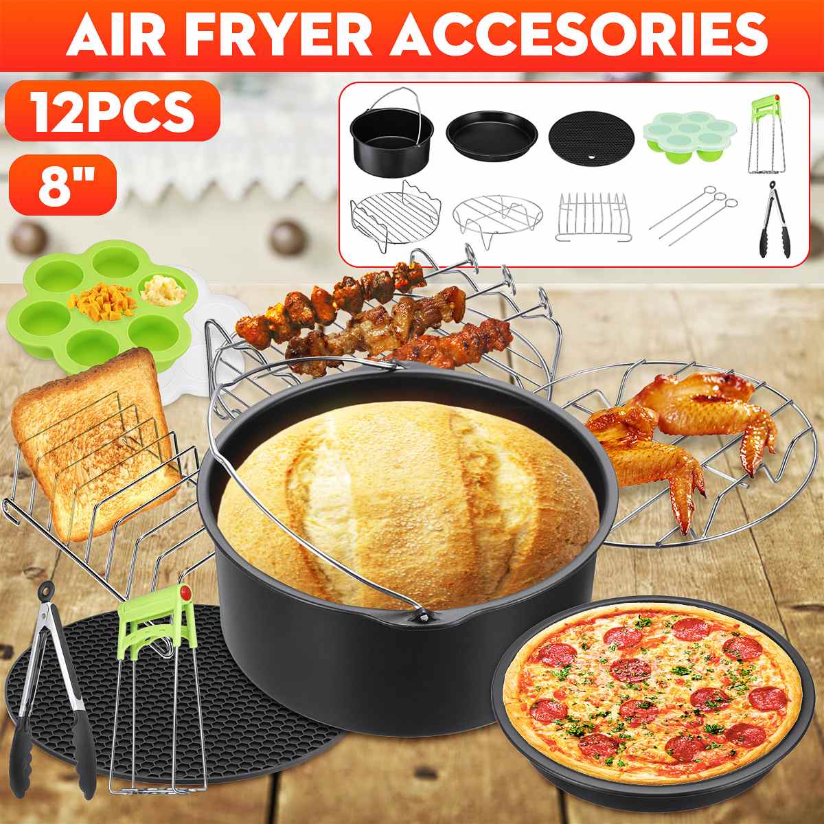 Accessoires pour friteuse à Air 8 pouces, outils de cuisine domestique pour Barbecue, cuisson, cuisson, adapté pour friteuse à Air 4.2 – 6.8QT 12 pièces/ensemble
