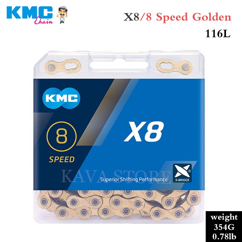 Cadena de bicicleta Original KMC X8 X8pl, 8 velocidades, 116 eslabones, ultraligera, 8V, para MTB, 8 s: X8 Gold