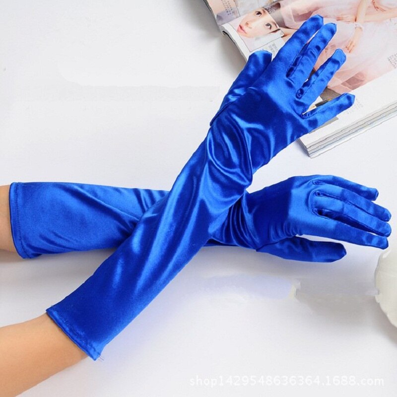 Blå grå guld gul rosa handskar för bal party one size stretch satin armbåge finger kvinnor guantes boda handskar  st017